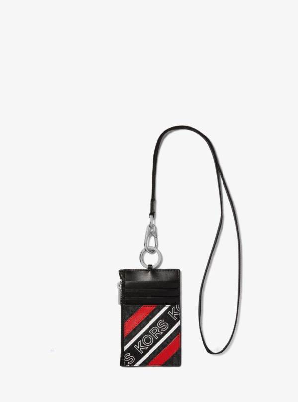 Panske Penazenky Michael Kors Hudson Logo Stripe Zip Card Case Červené Čierne - Doplnky Michael Kors Levně | VWNEO-8412